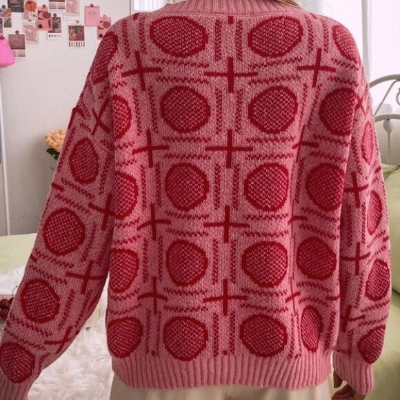 preppy trending print detailed sweater cute pink red - Picture 3 of 6